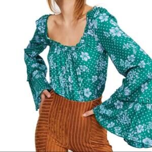 NWT Free People One on One Date bell sleeve polka dot floral Bodysuit emerald
